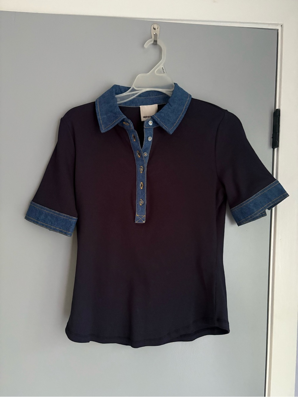 Industry Polo Top with Denim Trim - Picture 2 of 5